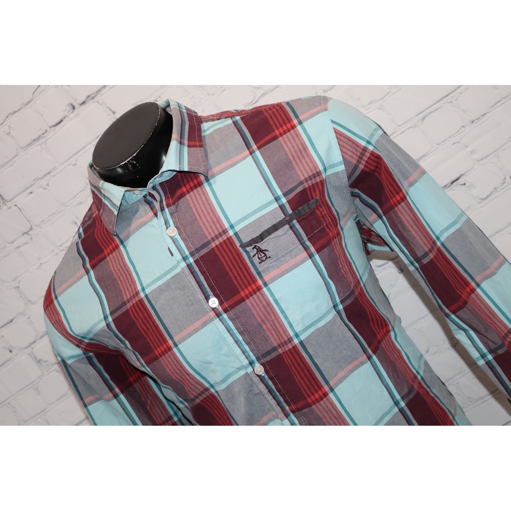 Original Penguin Button Down Mens XXL Blue Red Heritage Slim Fit Plaid Shirt